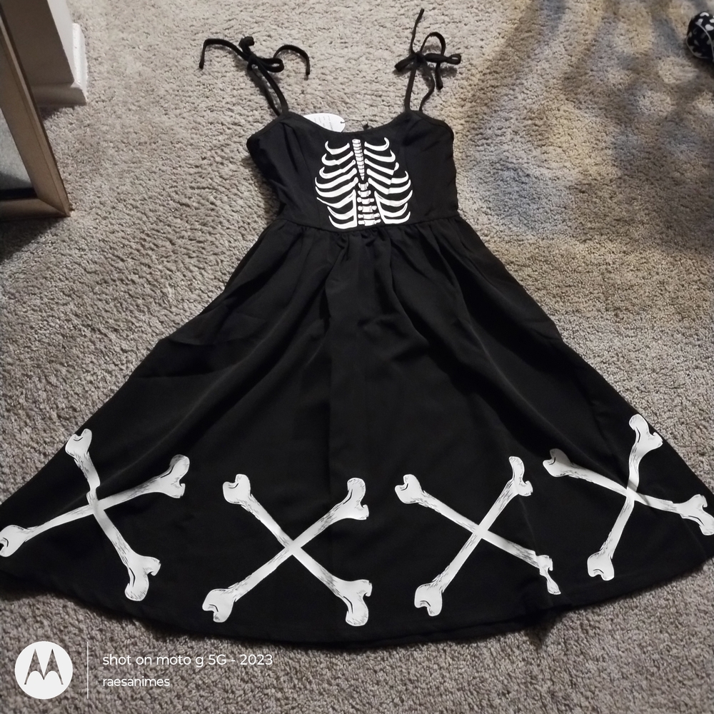 Unique Vintage Black and White Skeleton Midi Dress